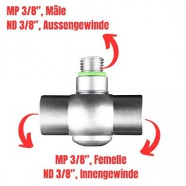 Adaptateur coudé 180° MP 3/8" - 1 x mâle et 2 x femelle